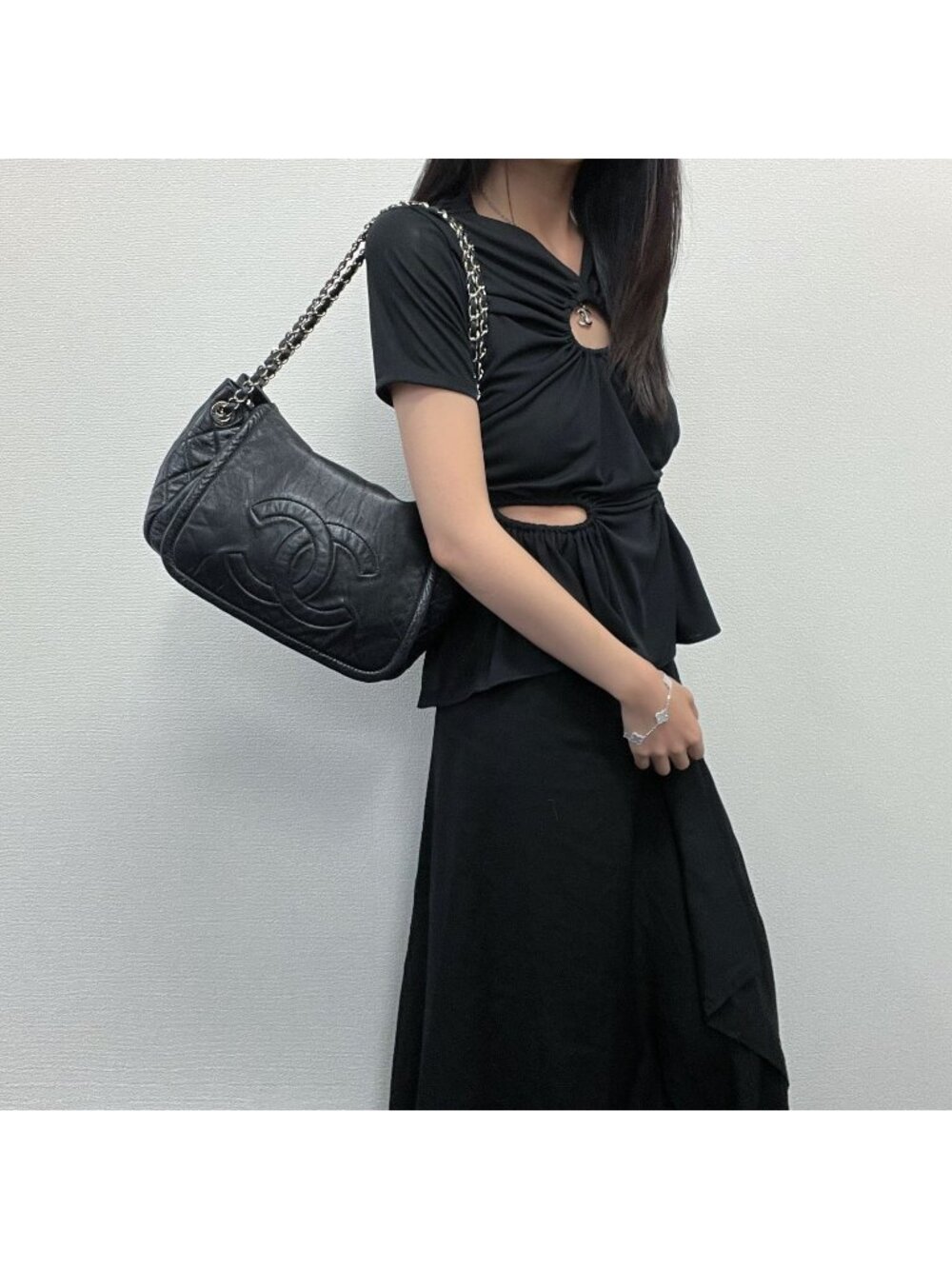Chanel CC Logo Chain Shoulder Bag Leather Black Silver Vintage